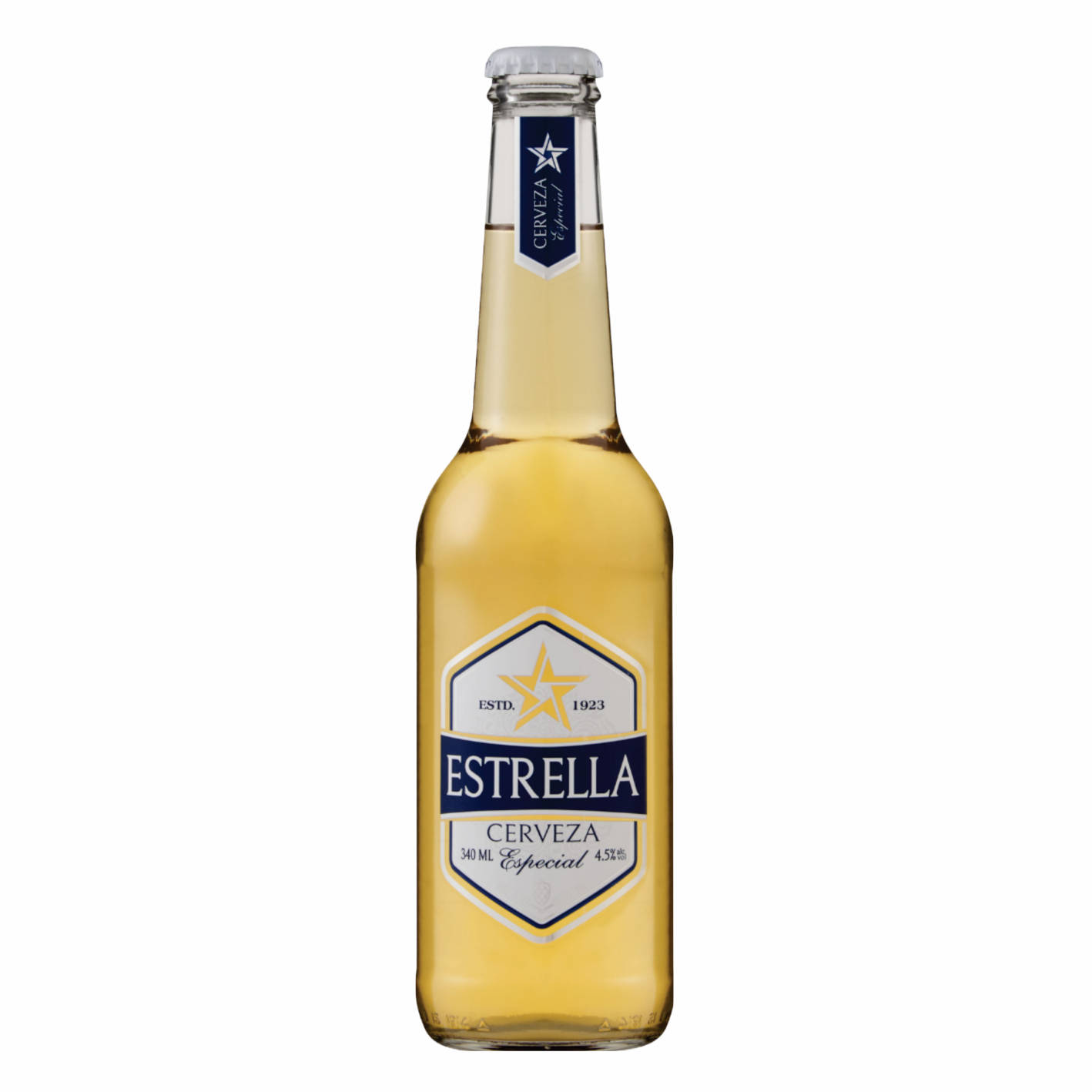 Estrella Cerveza In A Clear Bottle Background