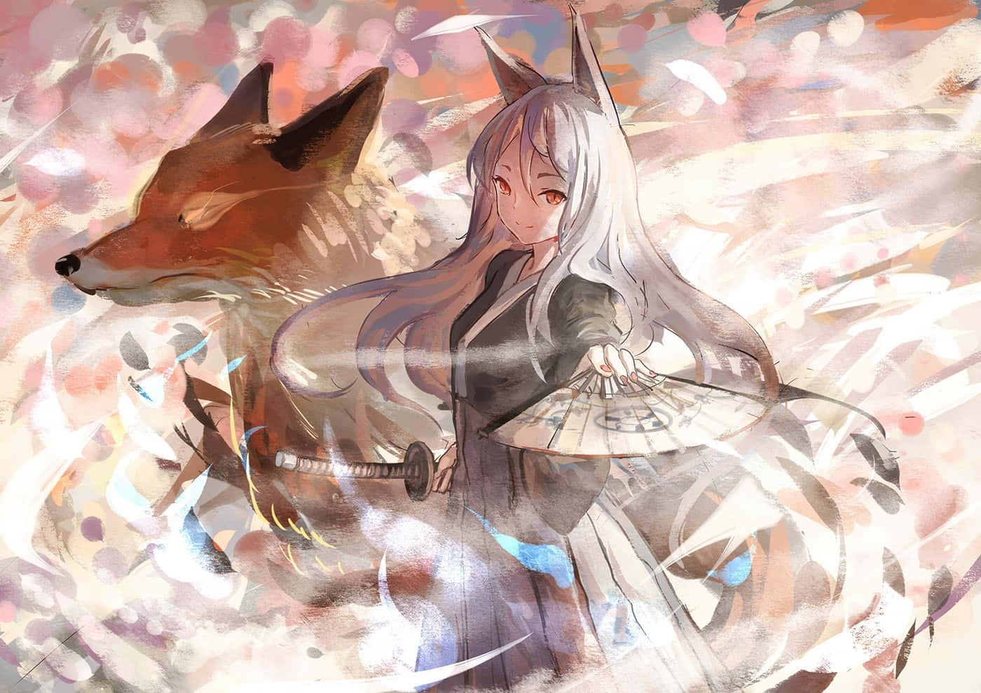 Ethereal Anime Fox Girlwith Fan Background