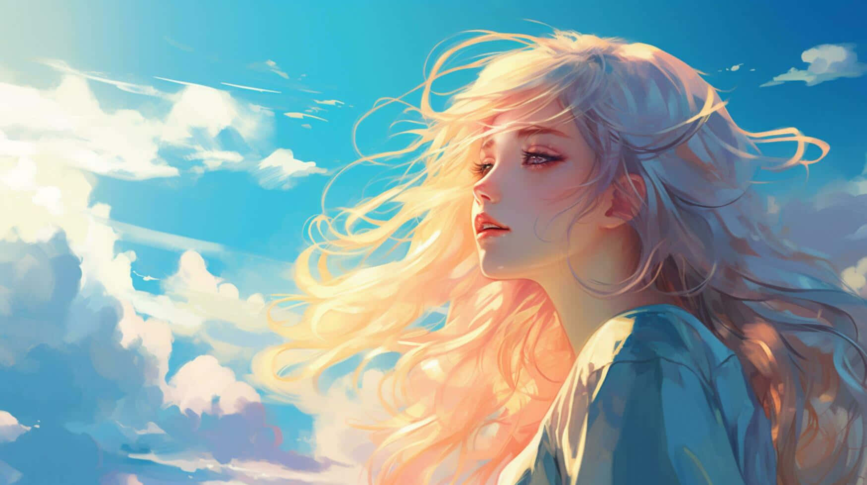 Ethereal Blonde Anime Girl Clouds Backdrop Background