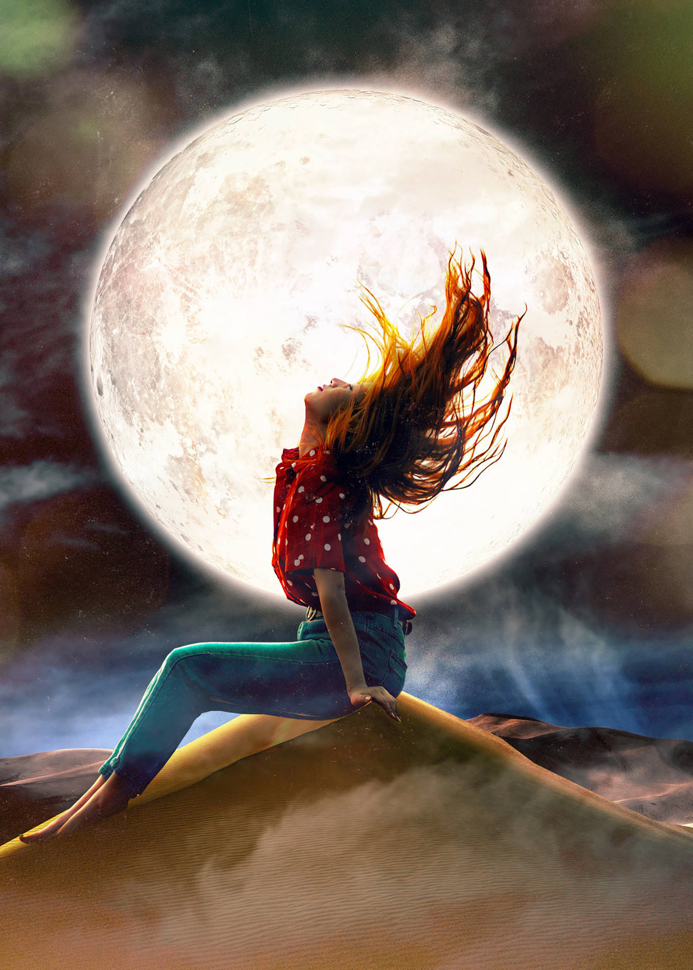 Ethereal Radiance Of Soul: Woman Embracing Freedom Under The Moonlight Background