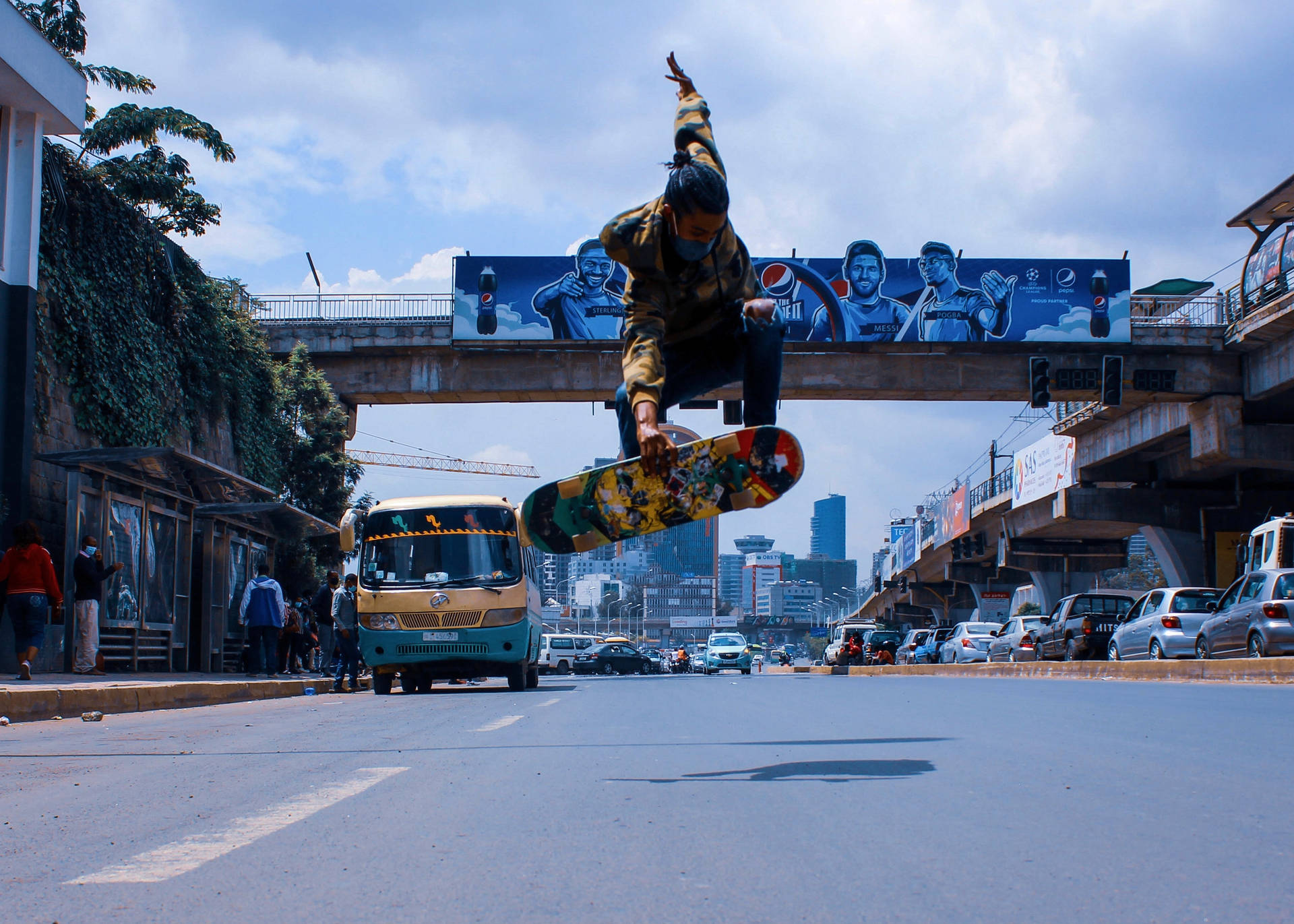 Ethiopia Man Skateboard On Road Background