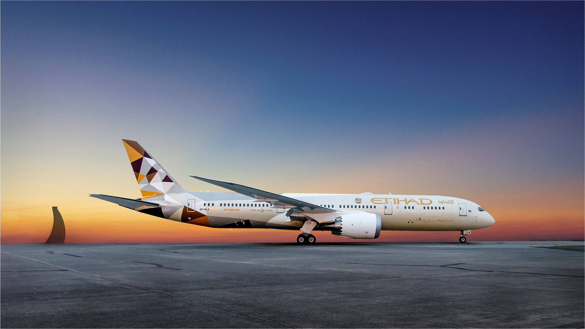 Etihad Airplane At Sunset Background