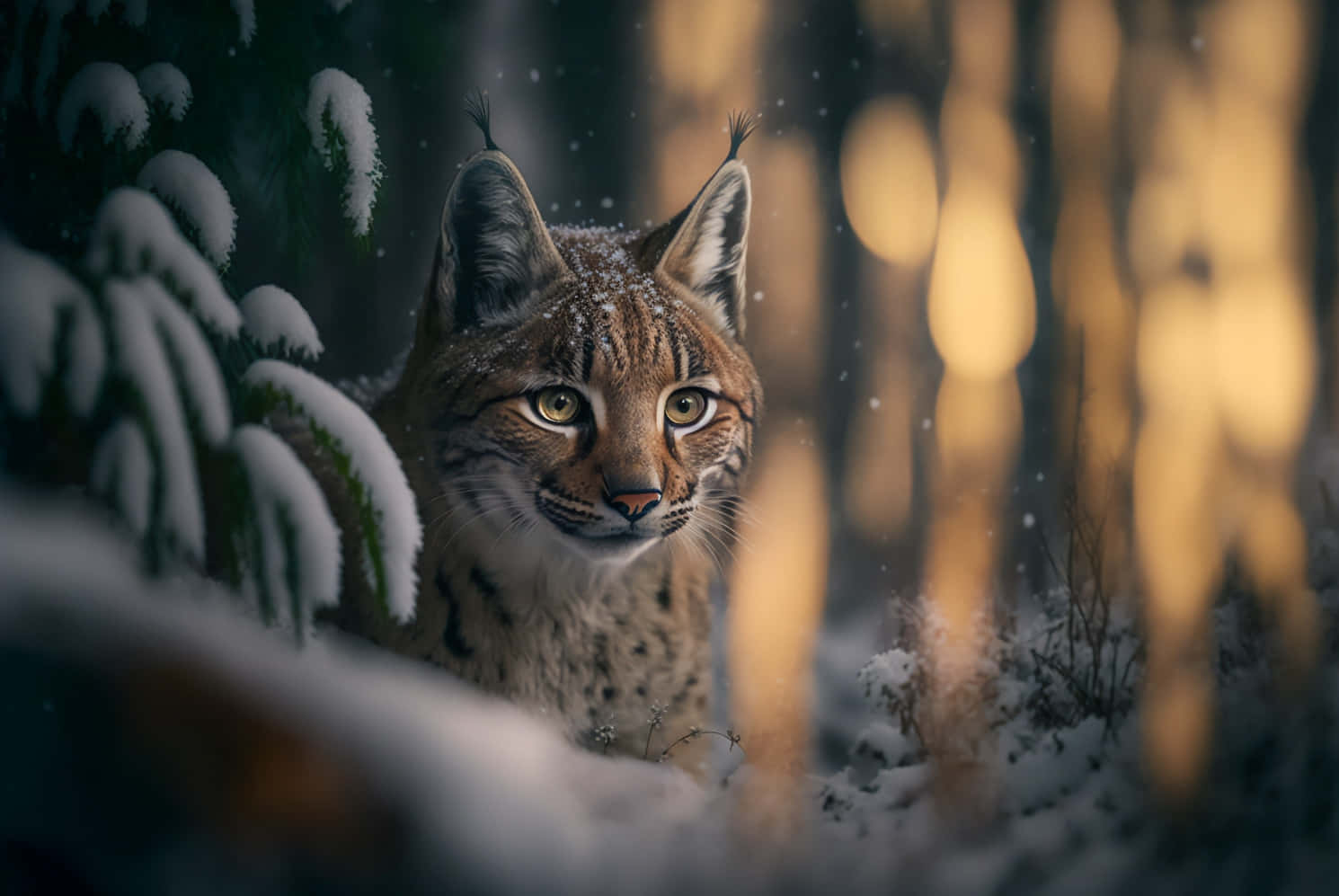 Eurasian Lynxin Snowy Forest Background