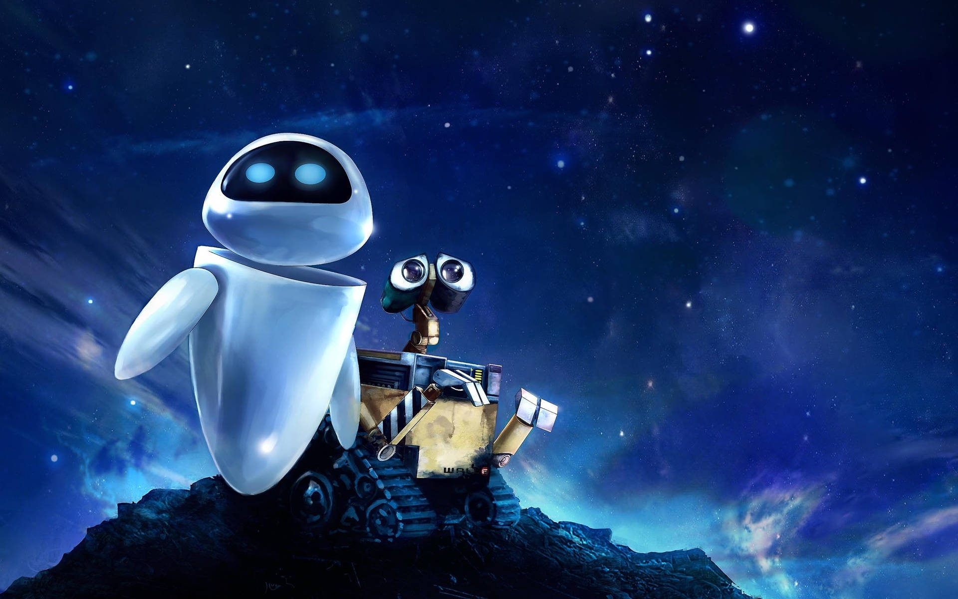 Eve And Wall E Blue Galaxy Background