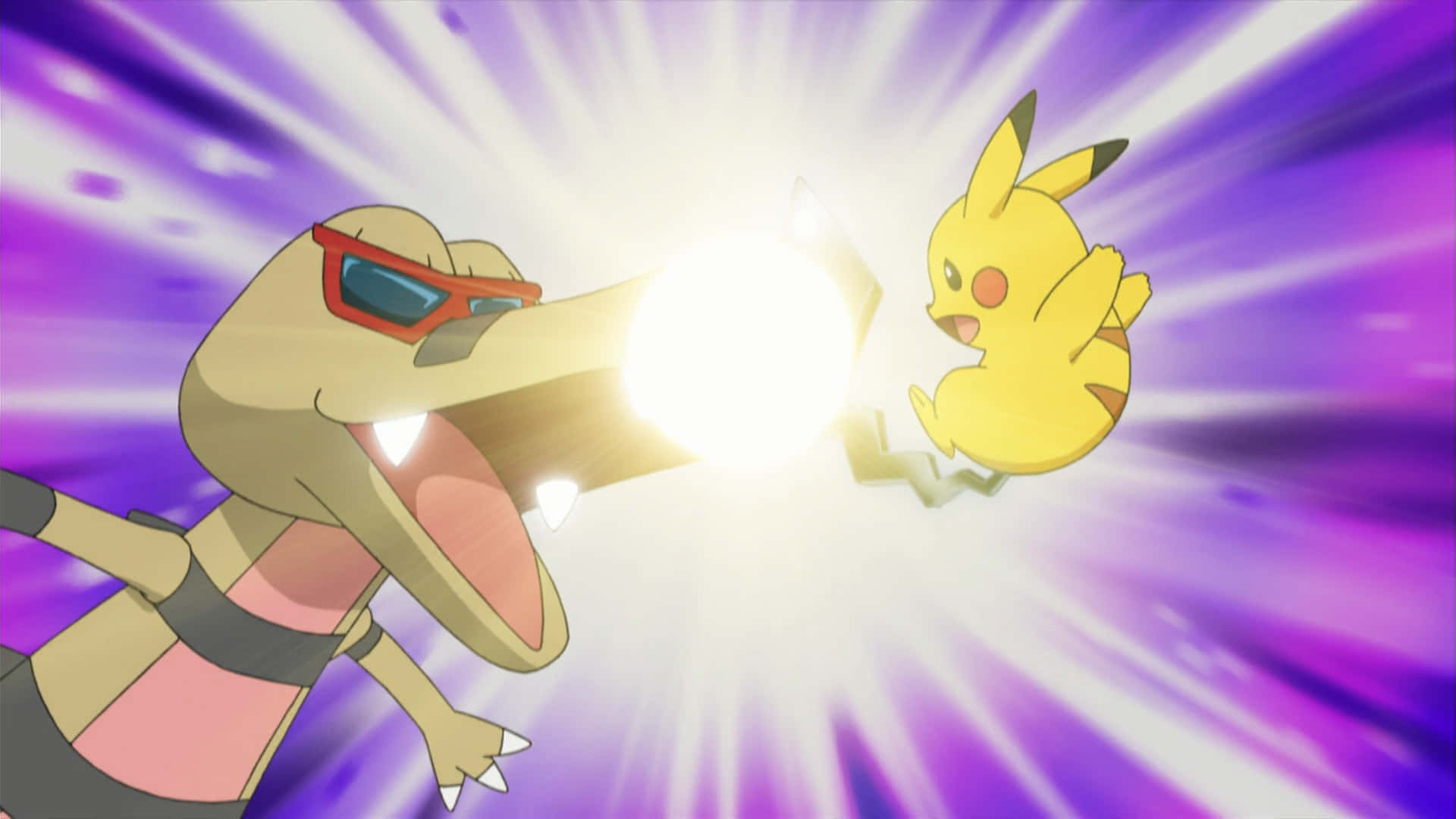 Evolved Sandile With Sunglasses Battling Pikachu Background