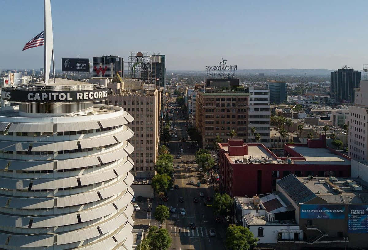 Excellent Aerial View Of The Capitol Records Building Background