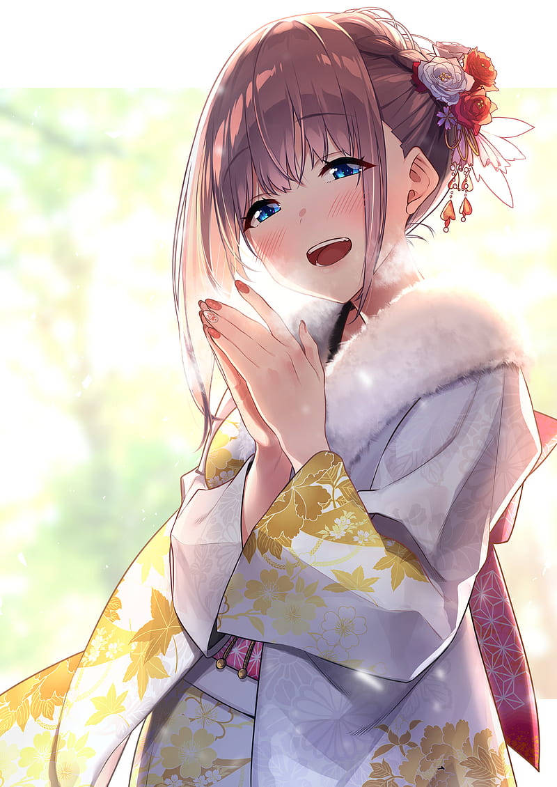 Excited Anime Girl In Kimono Background