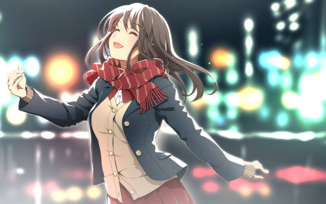 Excited Anime Girl With Scarf Background