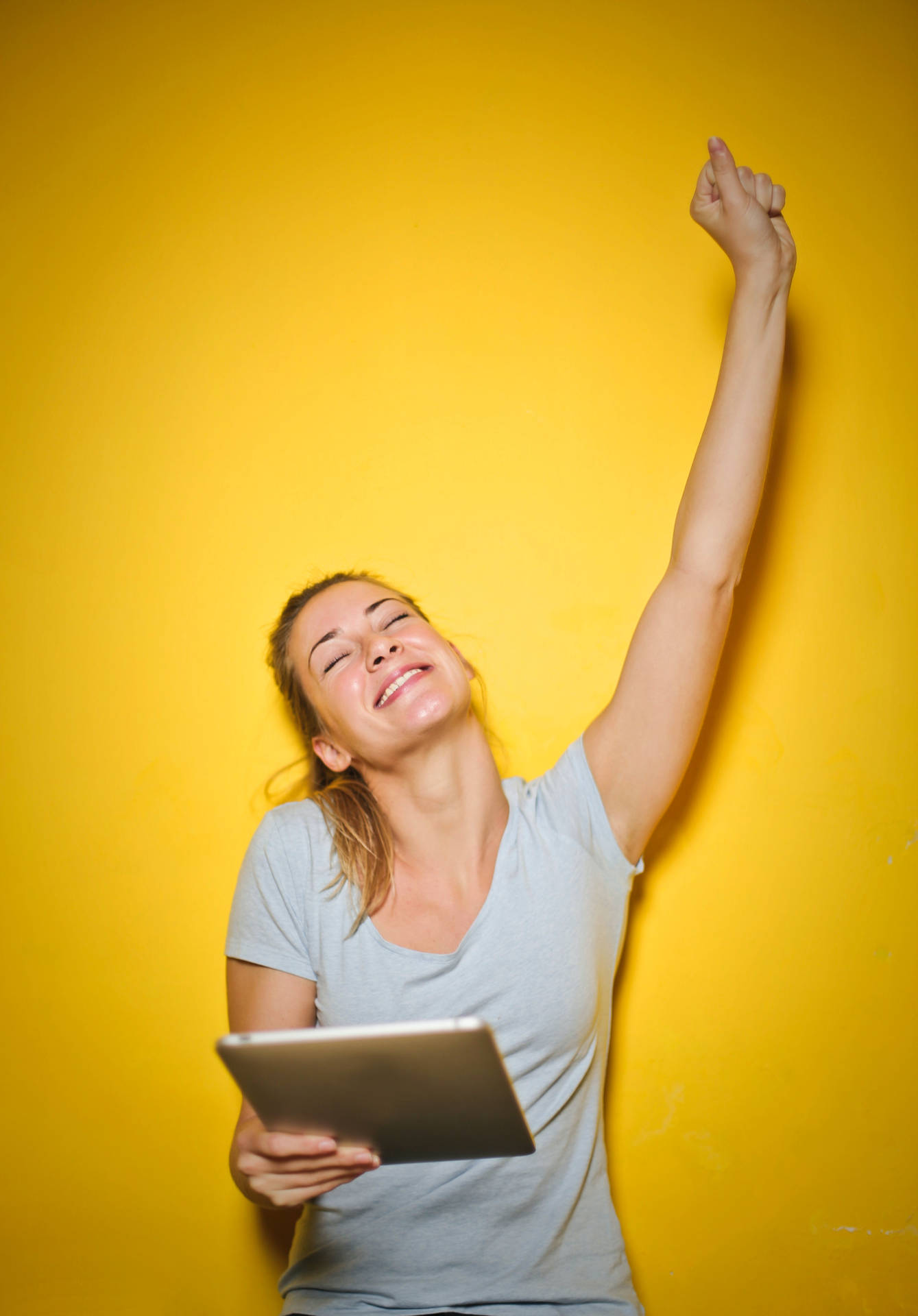 Excited Woman Yellow Aesthetic Background