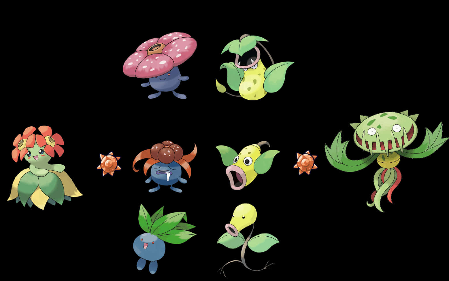 Exciting Encounter Of Carnivine, Bellsprout, And Oddish In Vibrant Colors Background