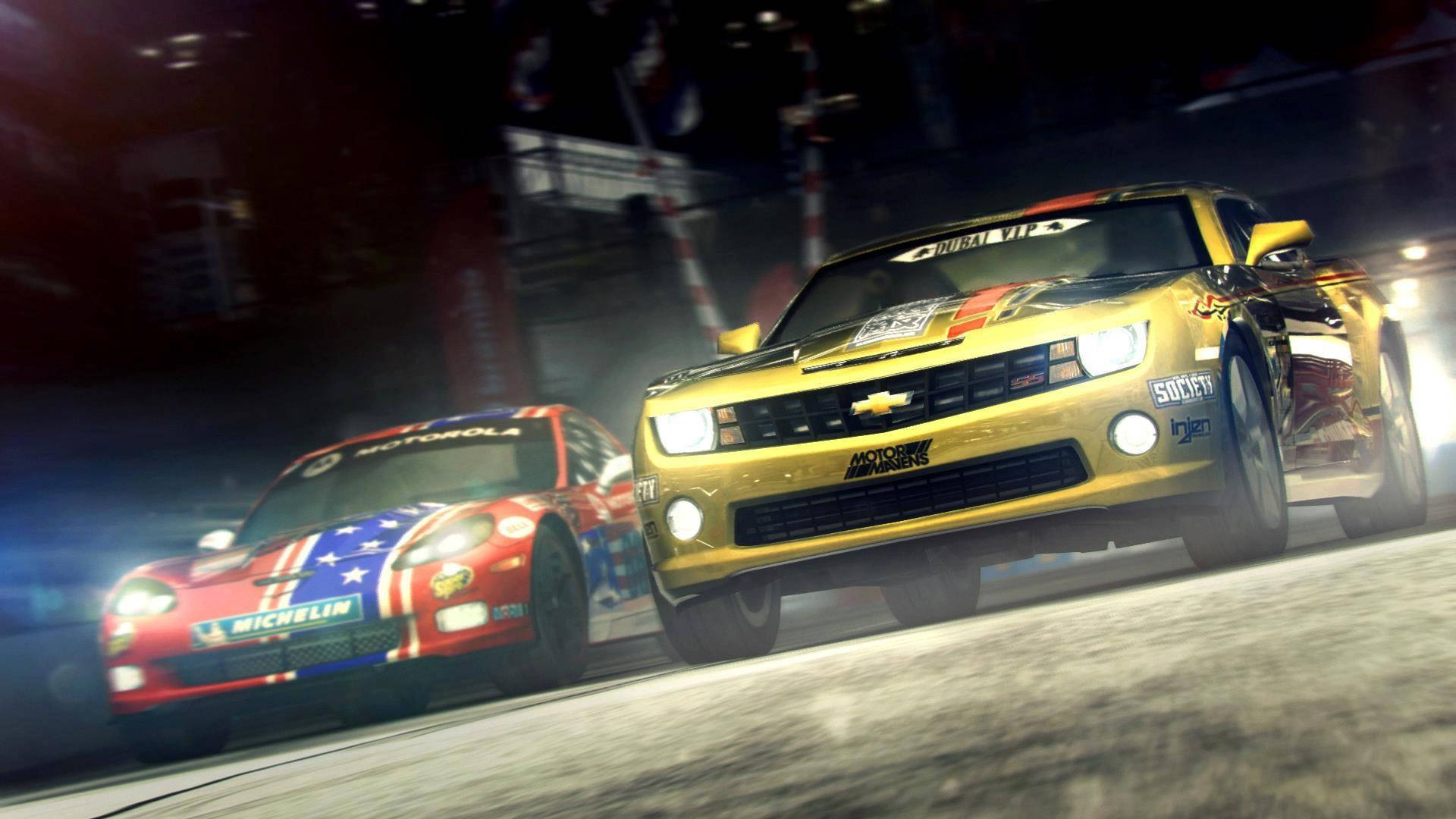Exciting Grid 2 Racing Action Featuring Yellow And Red Cars Background