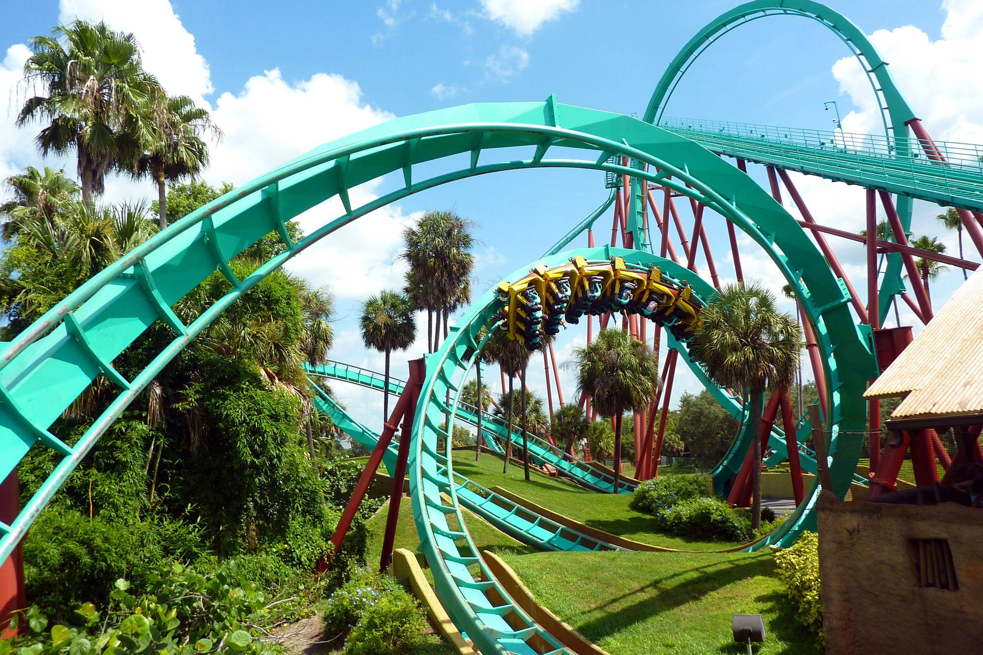 Exciting Ride On A Teal-colored Roller Coaster Background