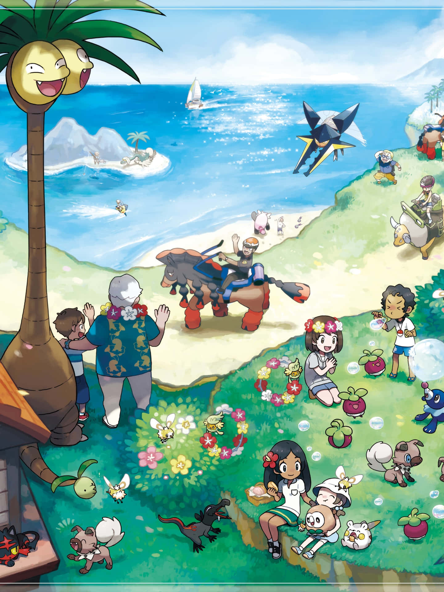 Exeggutor With Other Characters At Beach Background