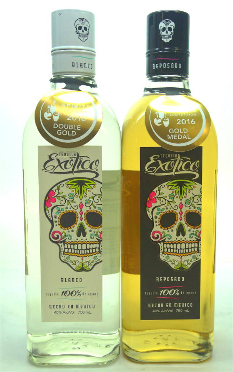 Exotico Tequila Bottles With Gold Tag Background