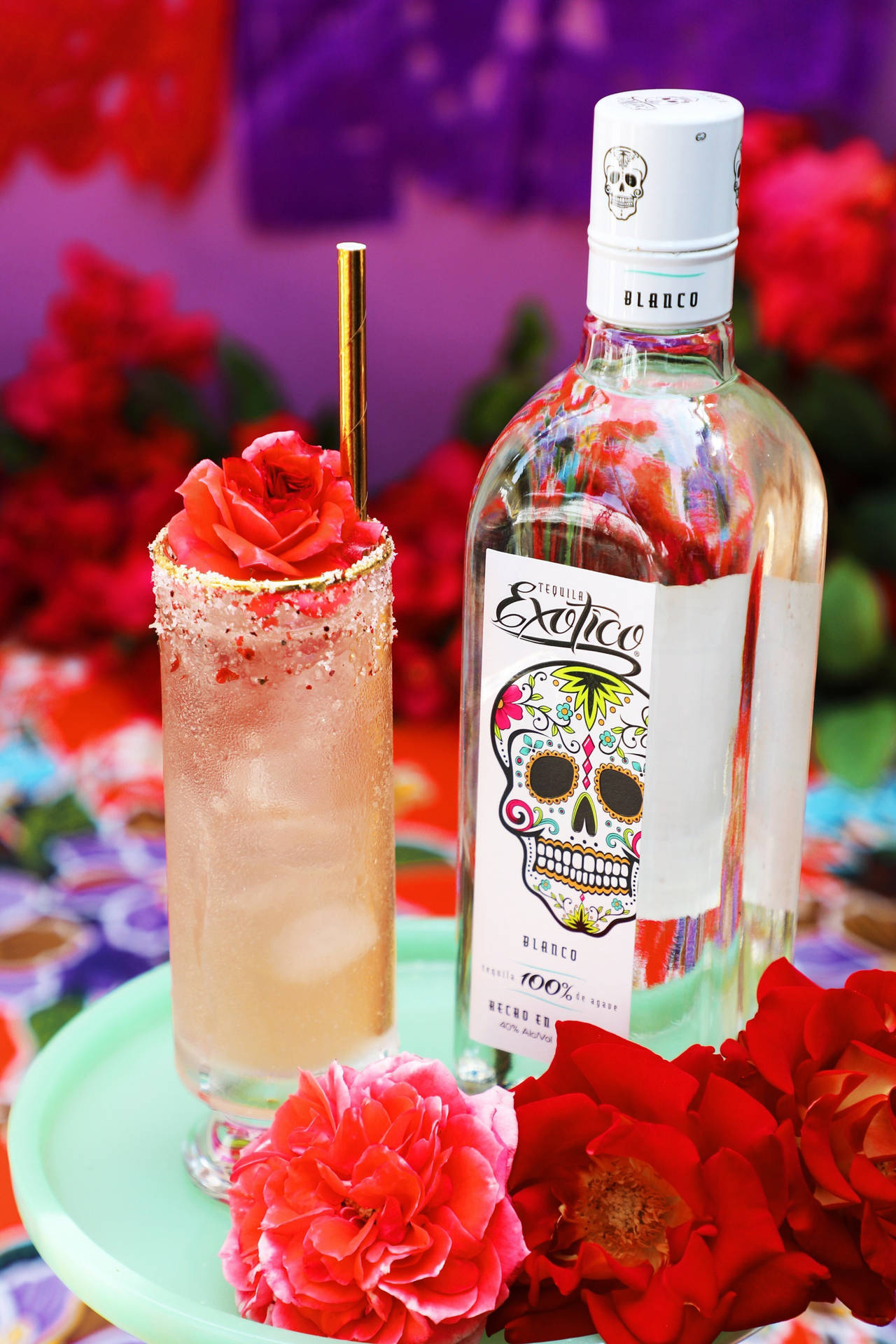 Exotico Tequila Cocktail With Flowers Background