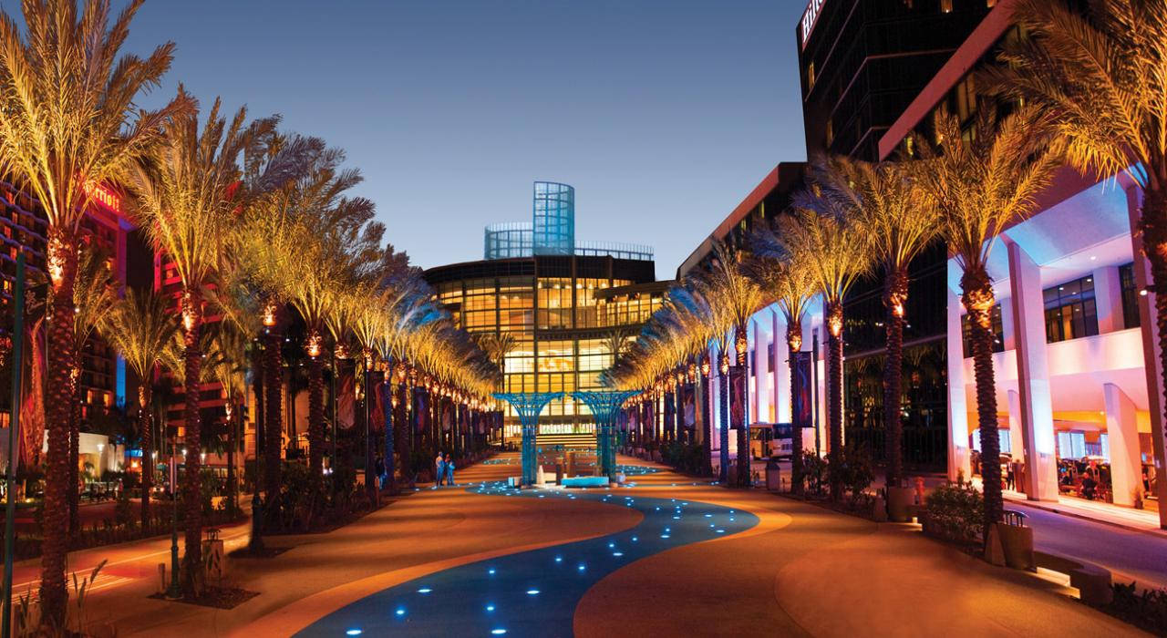 Experience Anaheim At Night - The Vibrant Anaheim Convention Center Is Lit Up Against An Inky Sky.