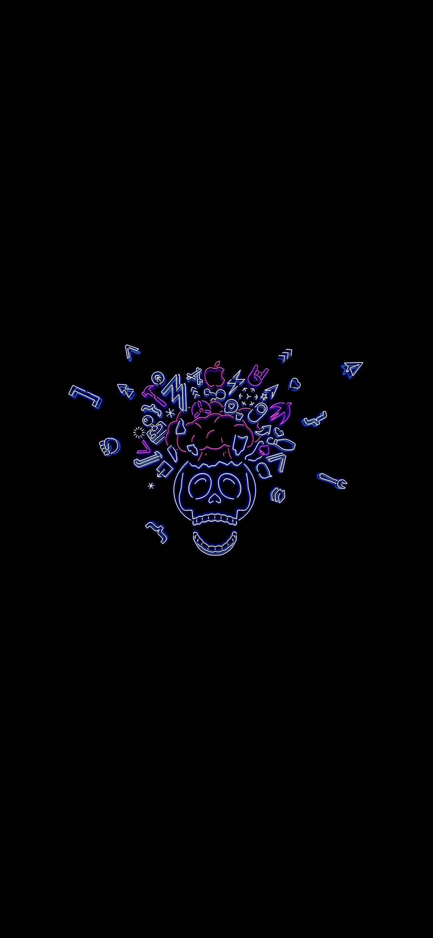 Exploded Skull Doodle Neon Lights Dark Mode Background