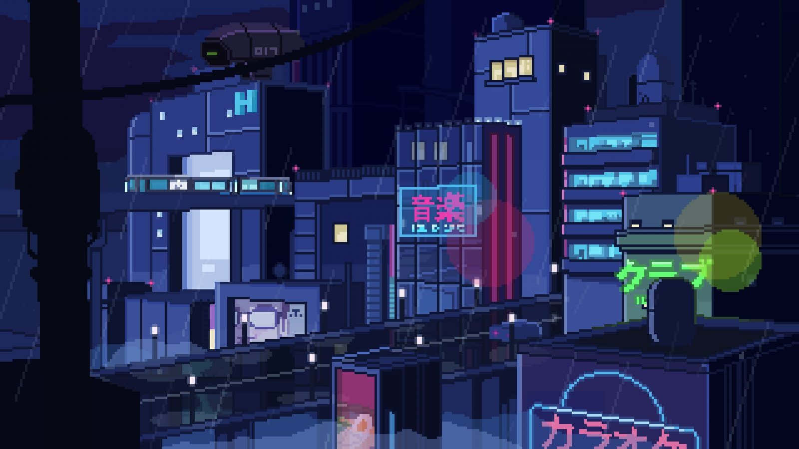 Explore The Neon-lit Cyberpunk World With Pixel Art Background