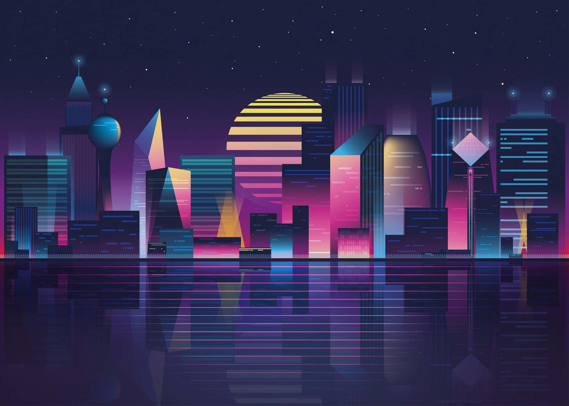 Explore The Technicolor Dreamscape Of Synthwave City Background