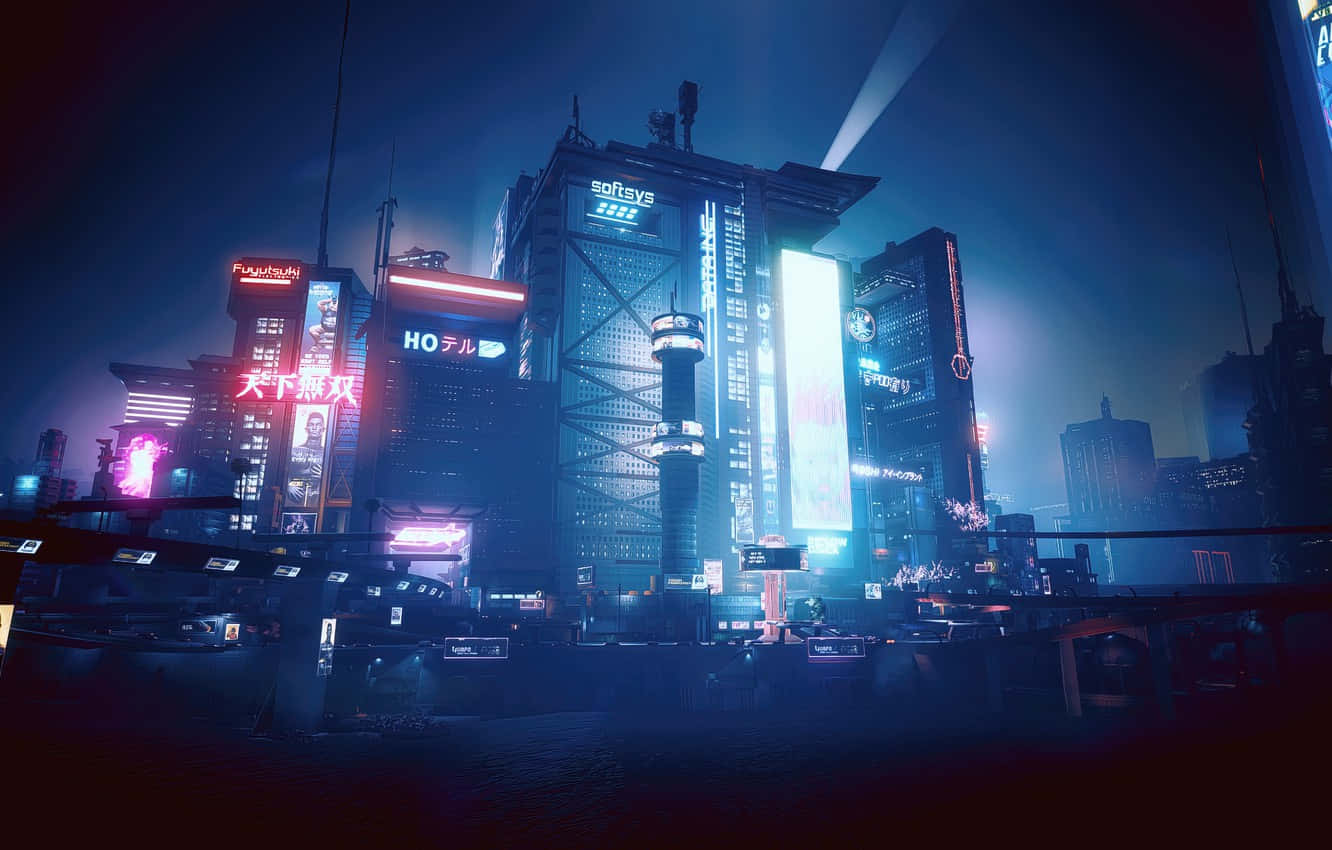 Exploring The Depths Of The Bustling Neon-hued Night City Background