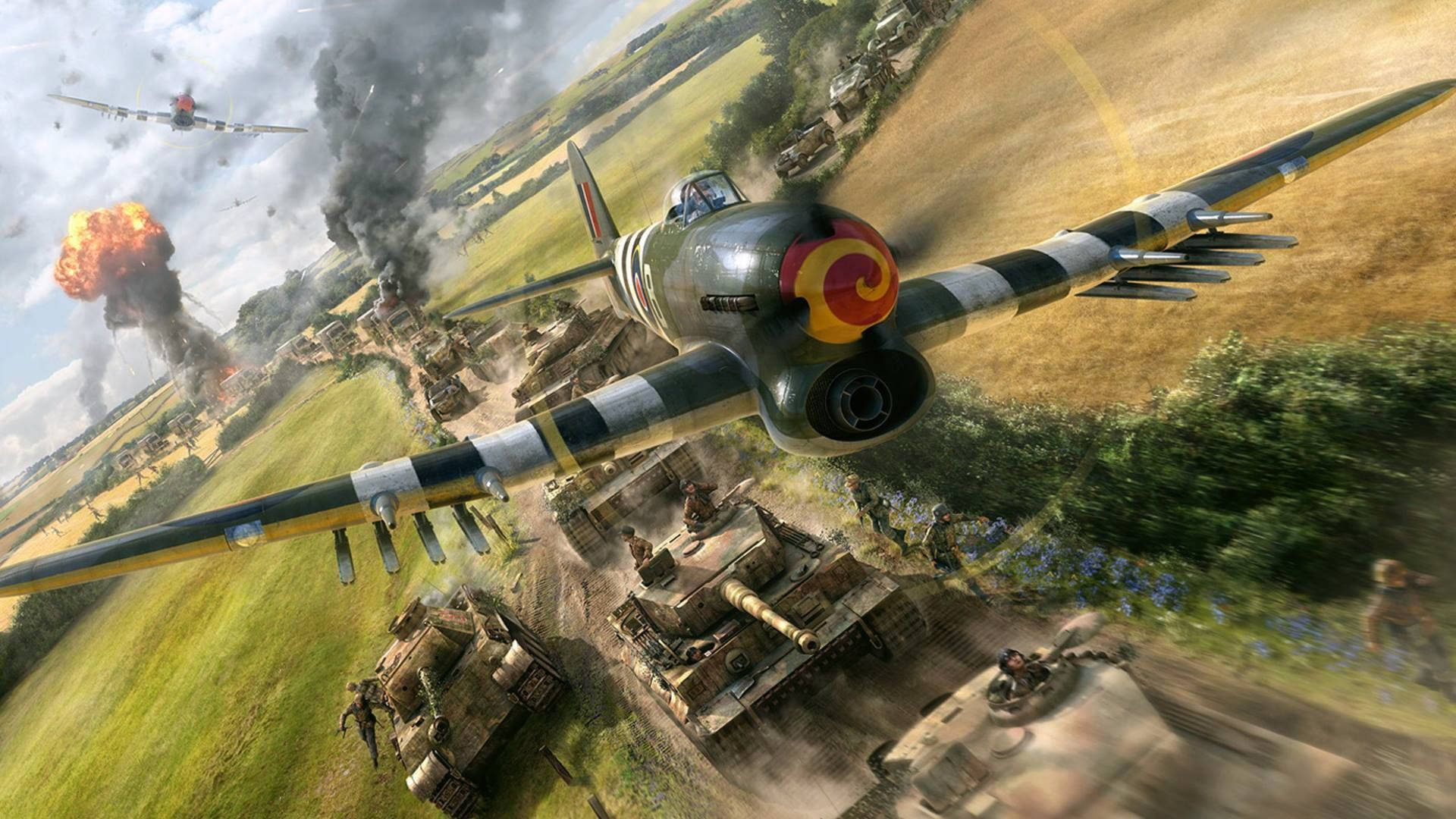 Explosions And German Ww2 Fighters In Action Background