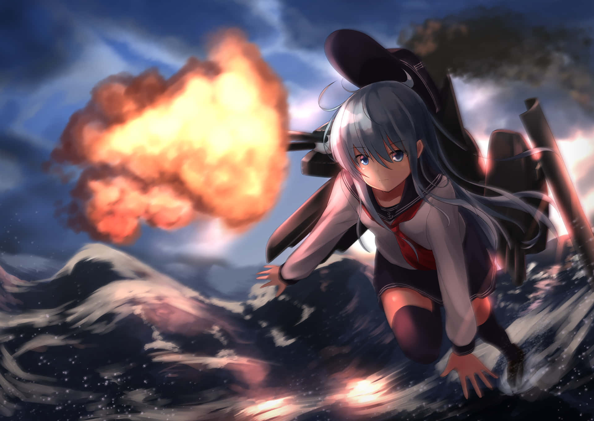 Explosive Anime Girl Wearing Thigh Highs Background