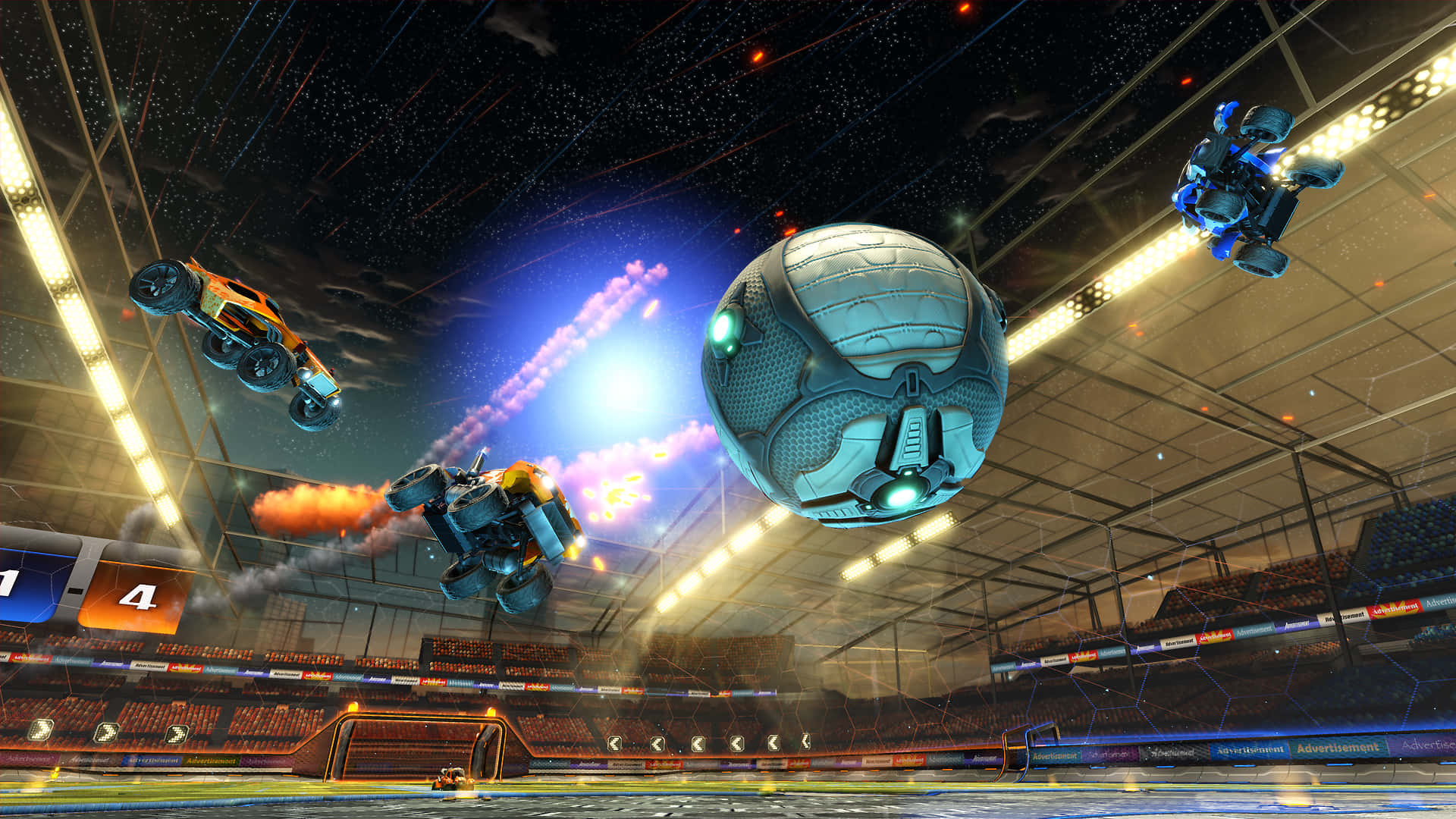 Explosive Gameplay On The Rocket League Field Background
