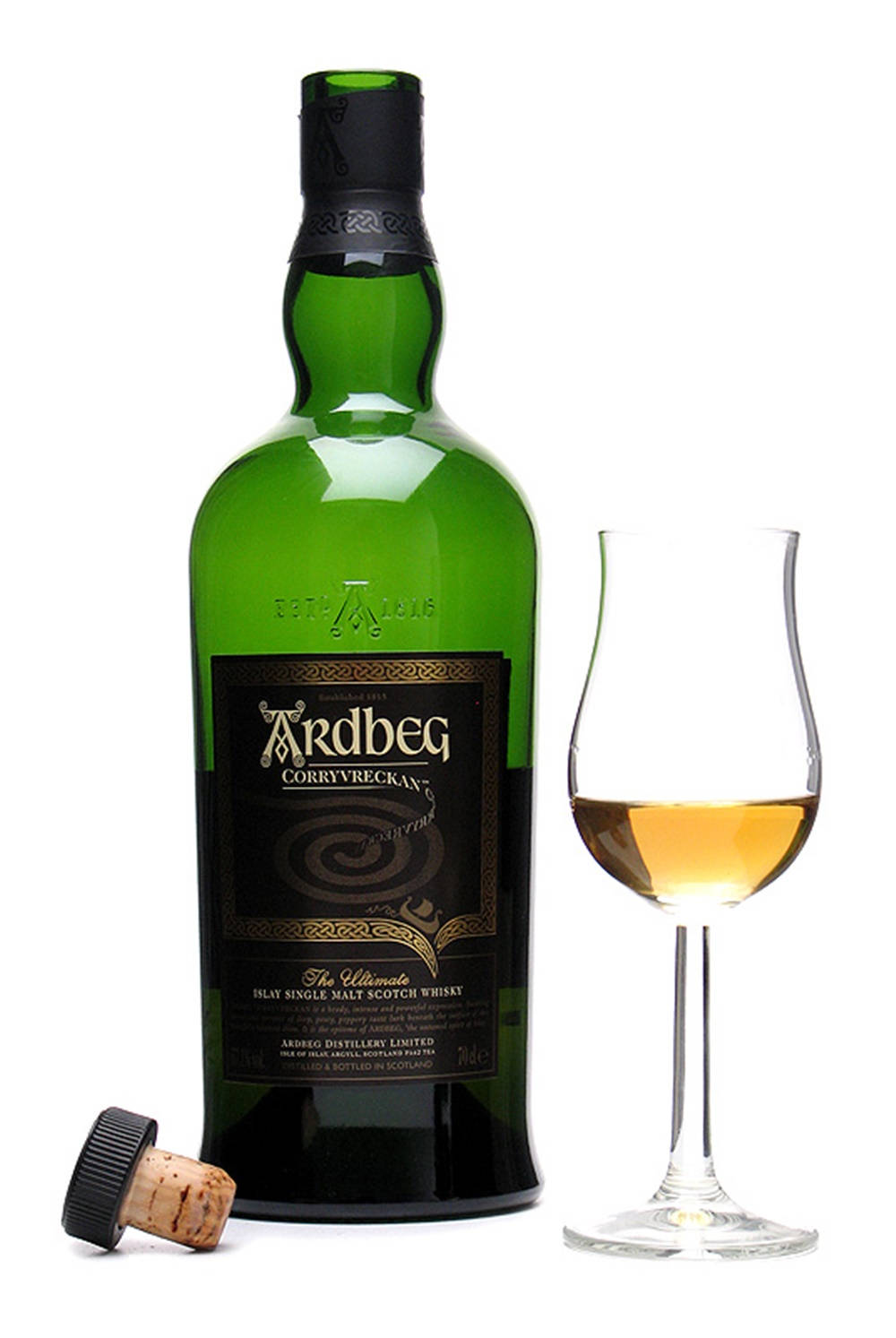 Exquisite Ardbeg Corryvreckan Whisky Bottle With Wine Glass