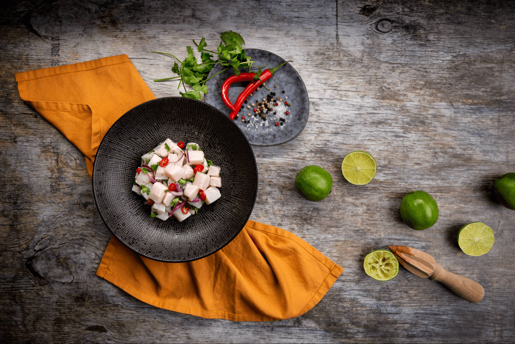 Exquisite Ceviche Garnished With Chilies Background