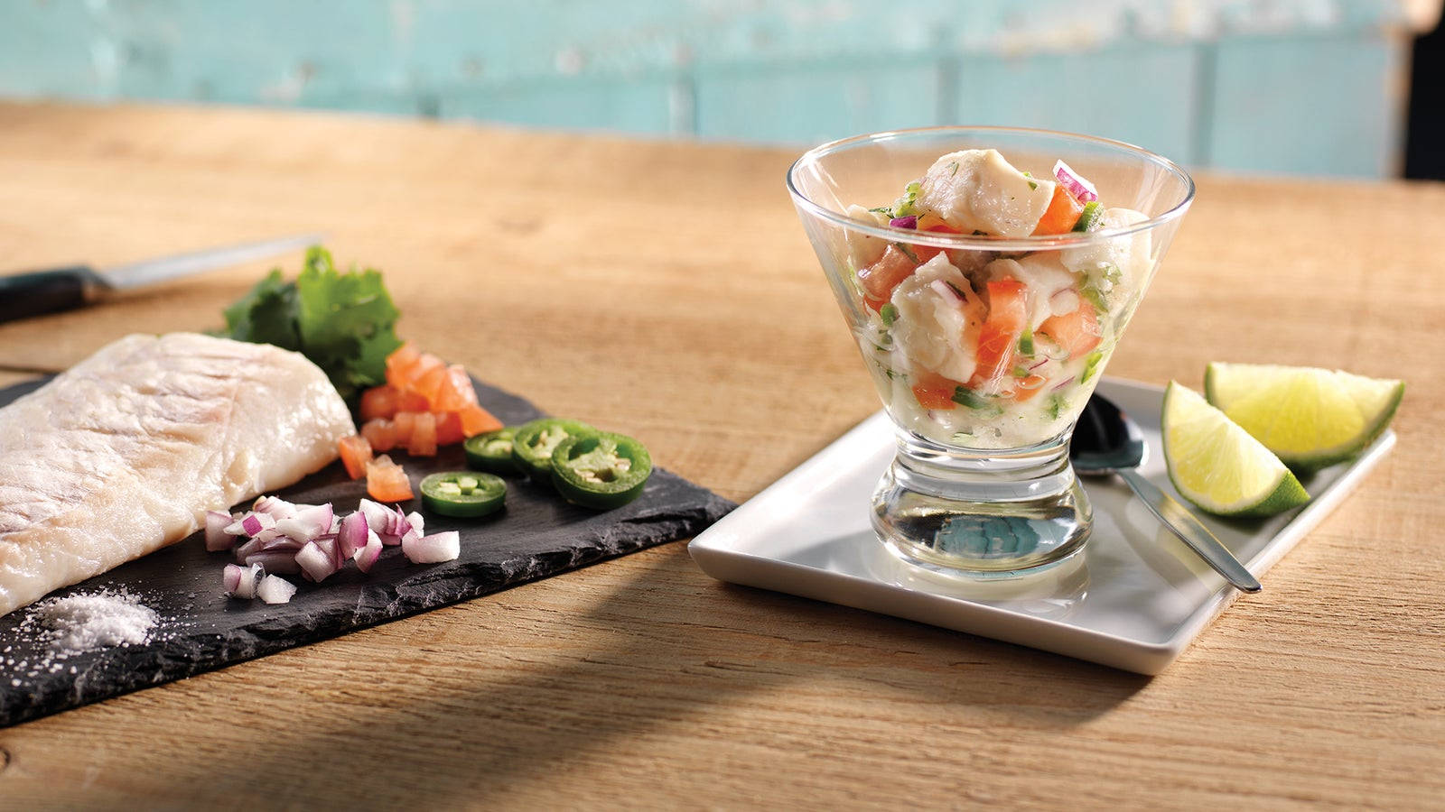 Exquisite Ceviche Mix In A Dessert Bowl Background