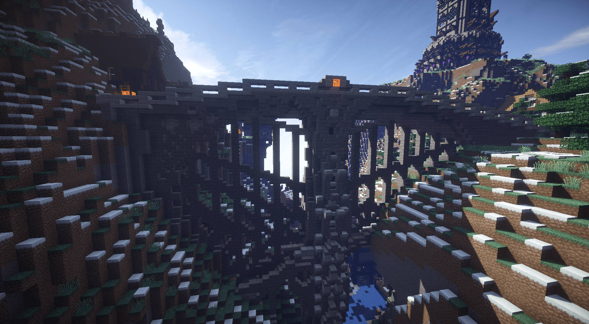 Exquisite Minecraft Landscape Featuring A Hanging Bridge