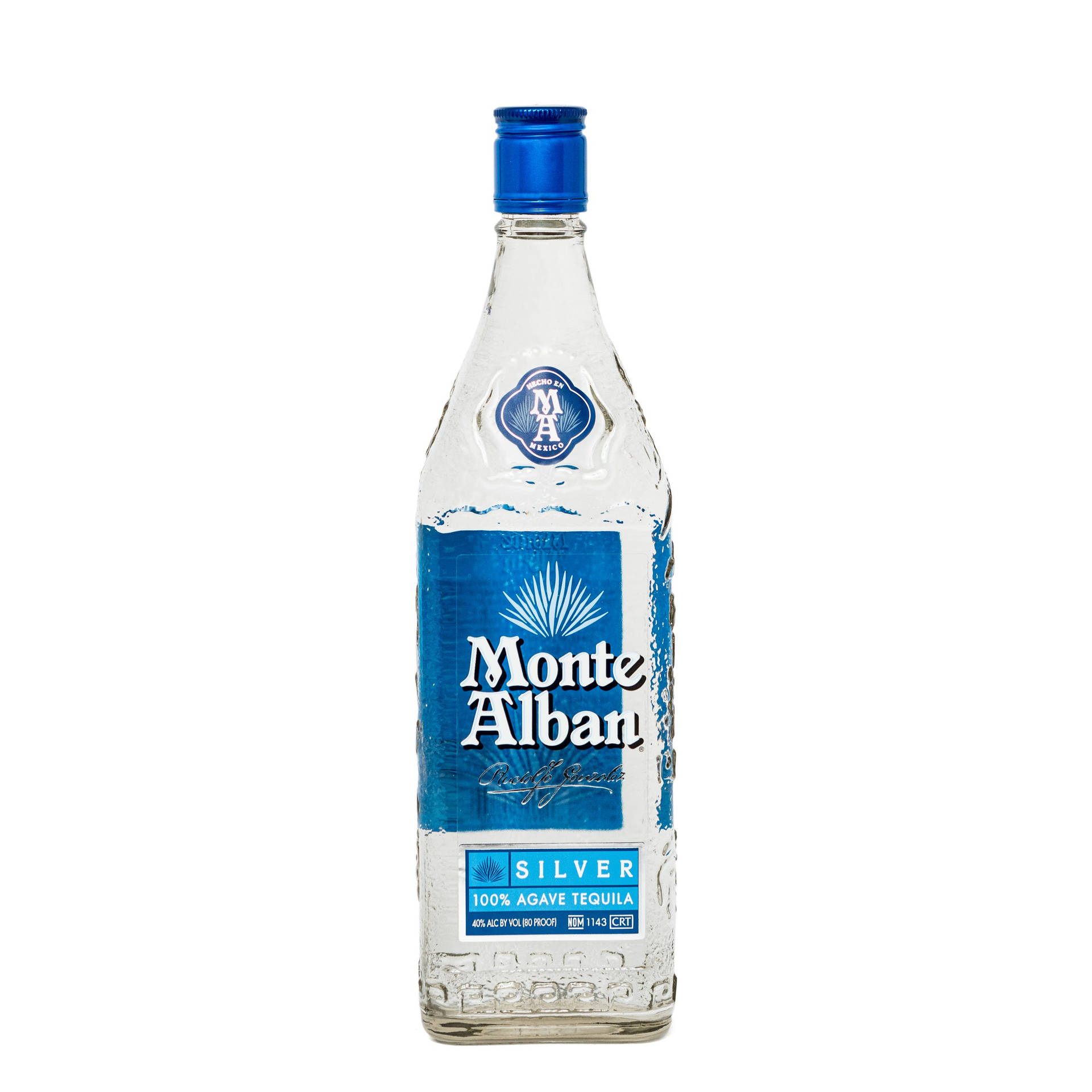 Exquisite Monte Alban Silver Tequila With Blue Tin Cap Against A White Background. Background