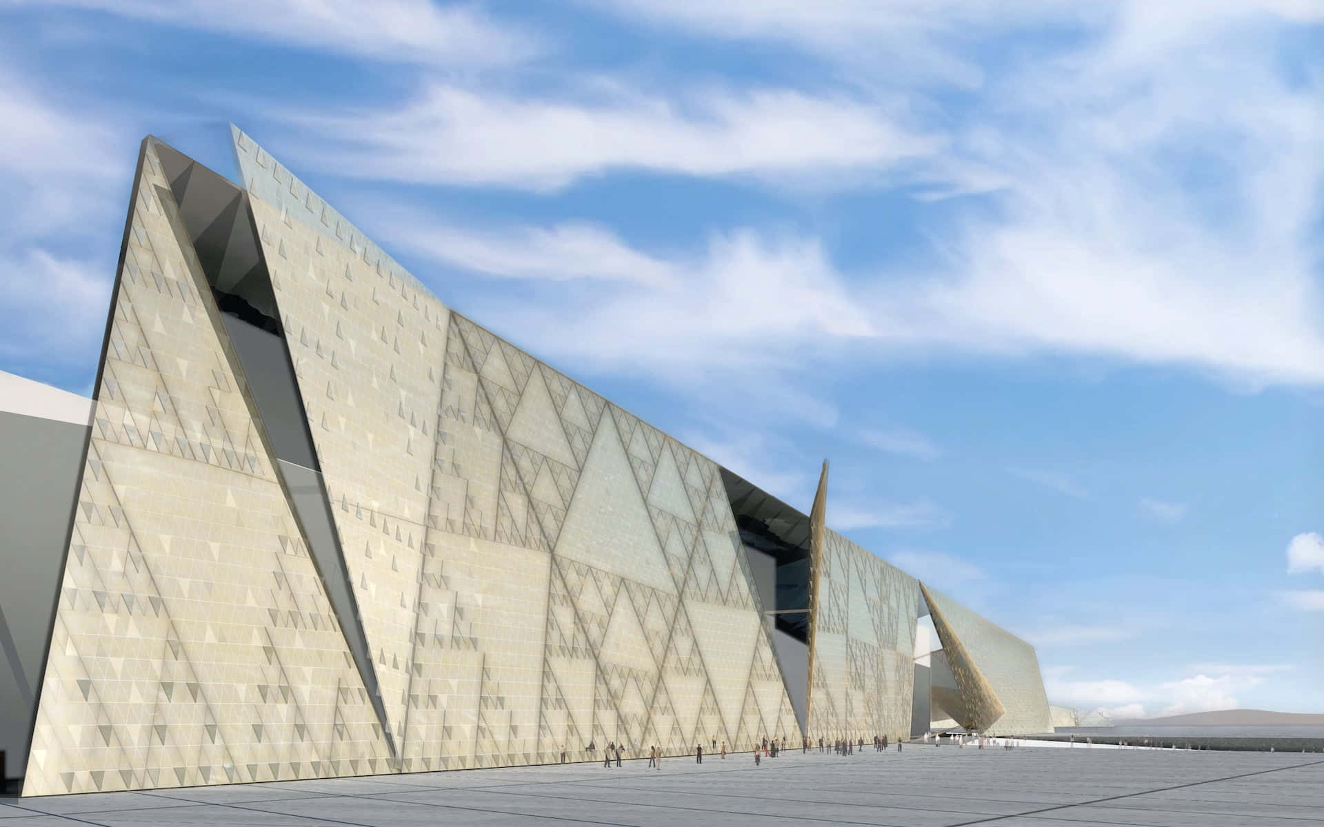 Exterior Design Of The Grand Egyptian Museum On Sunny Day Background