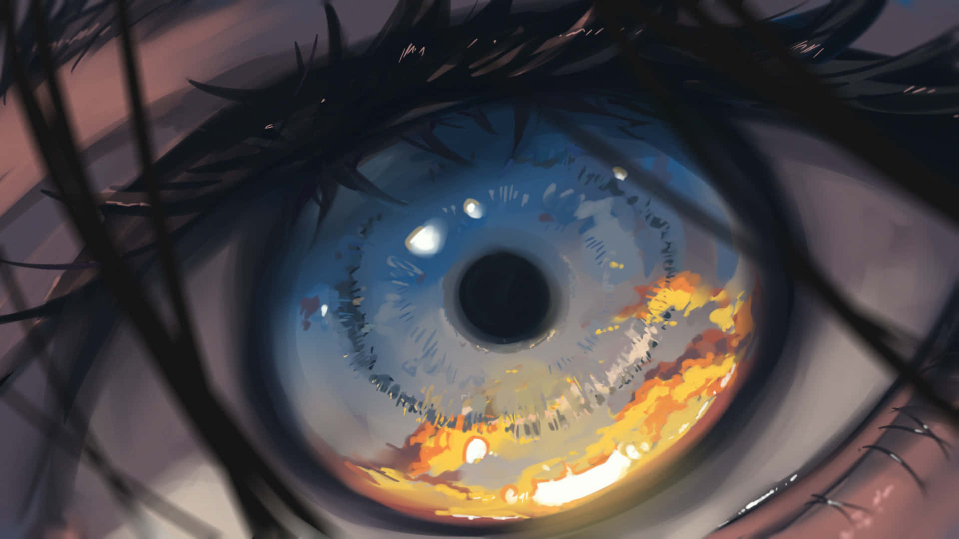 Eye Closeup With Sunset Sky Reflection Background