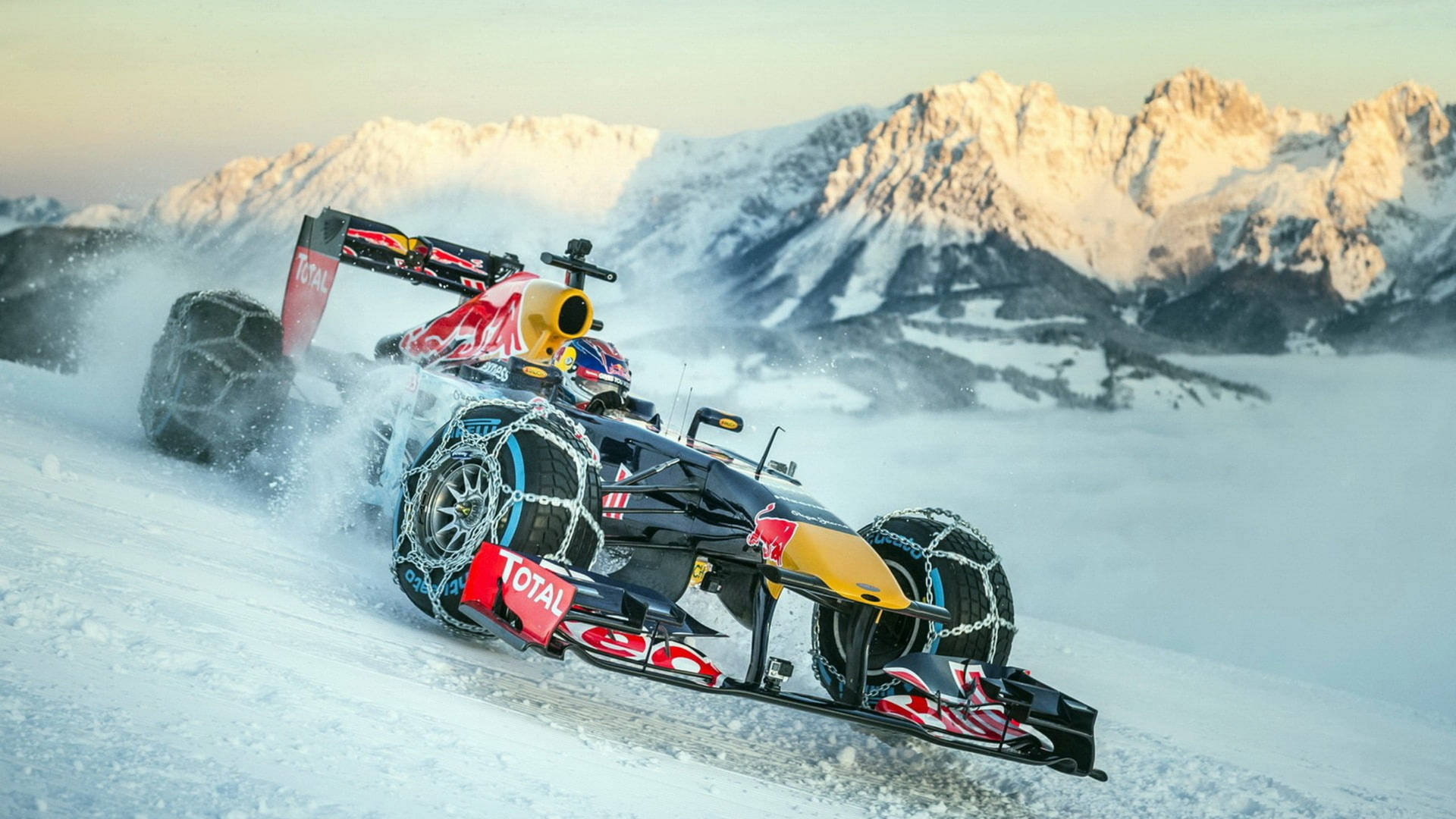 F1 Racing Car In Snow Road Background