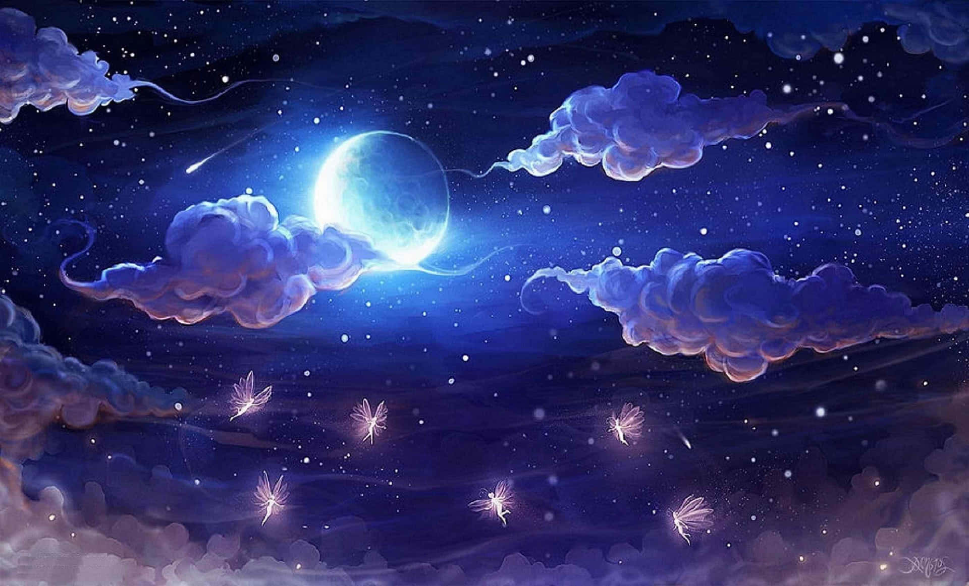 Fairies Starry Night Sky Moon Background