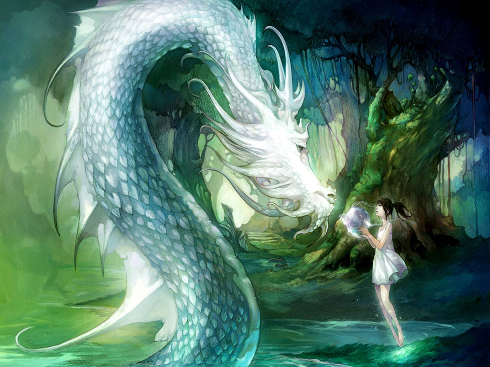 Fairy And Shining Green Water Dragon Background