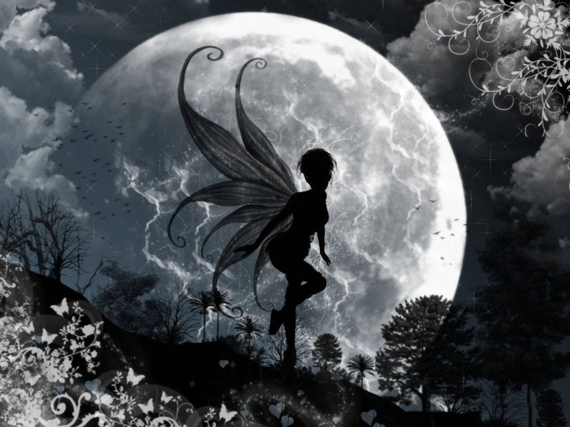 Fairy Grunge Large Full Moon Silhouette Background