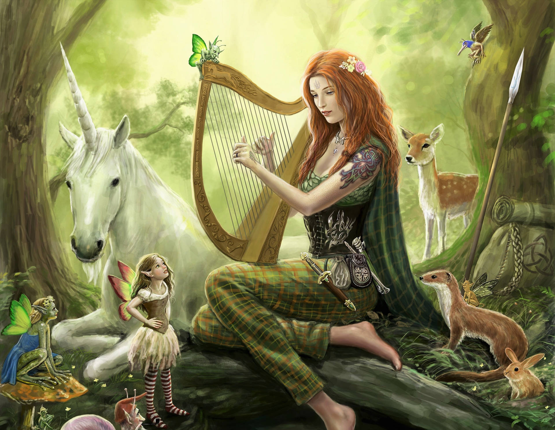 Fairy With Animals In Enchanted Forest Background