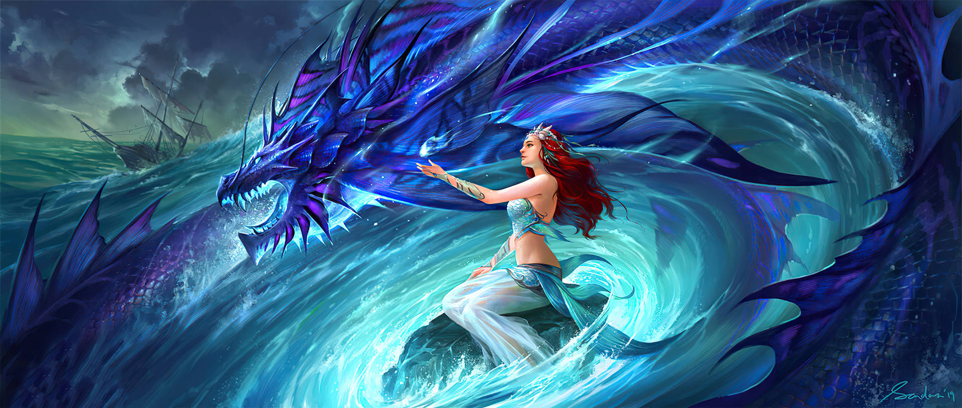 Fairy With Purple Water Dragon Background