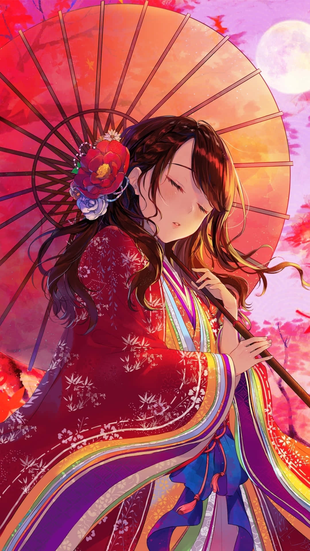 Fall Anime Cute Kimono Girl Background