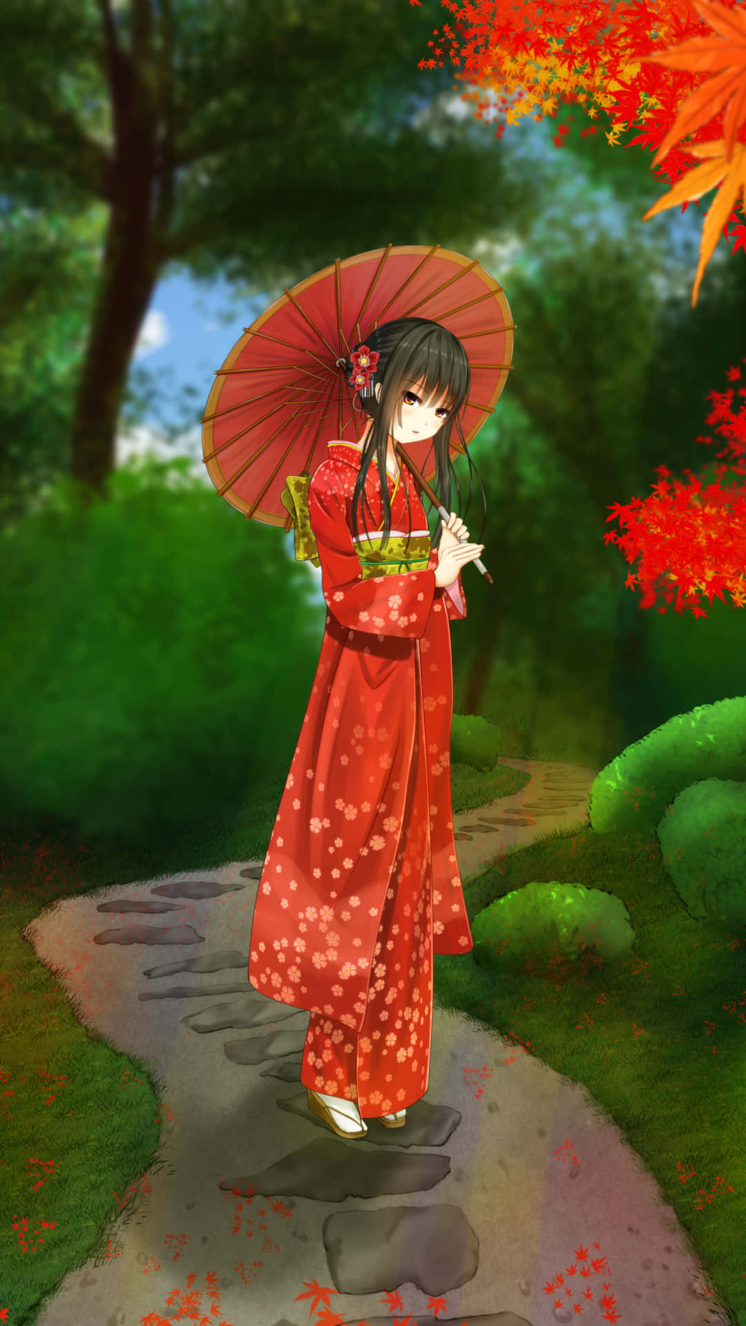 Fall Anime Girl With Umbrella Background