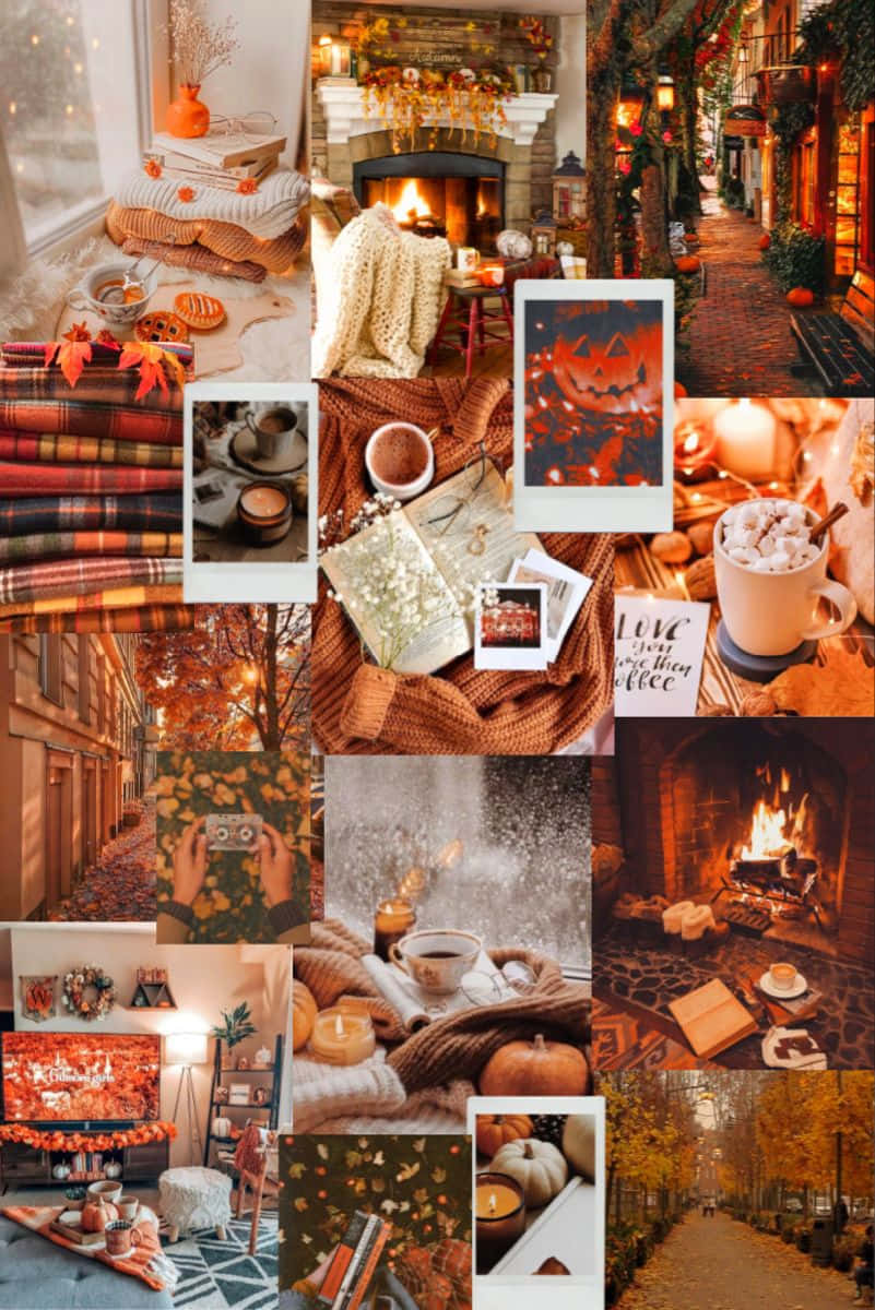 Fall Collage Cold Weather And Fire Place Background