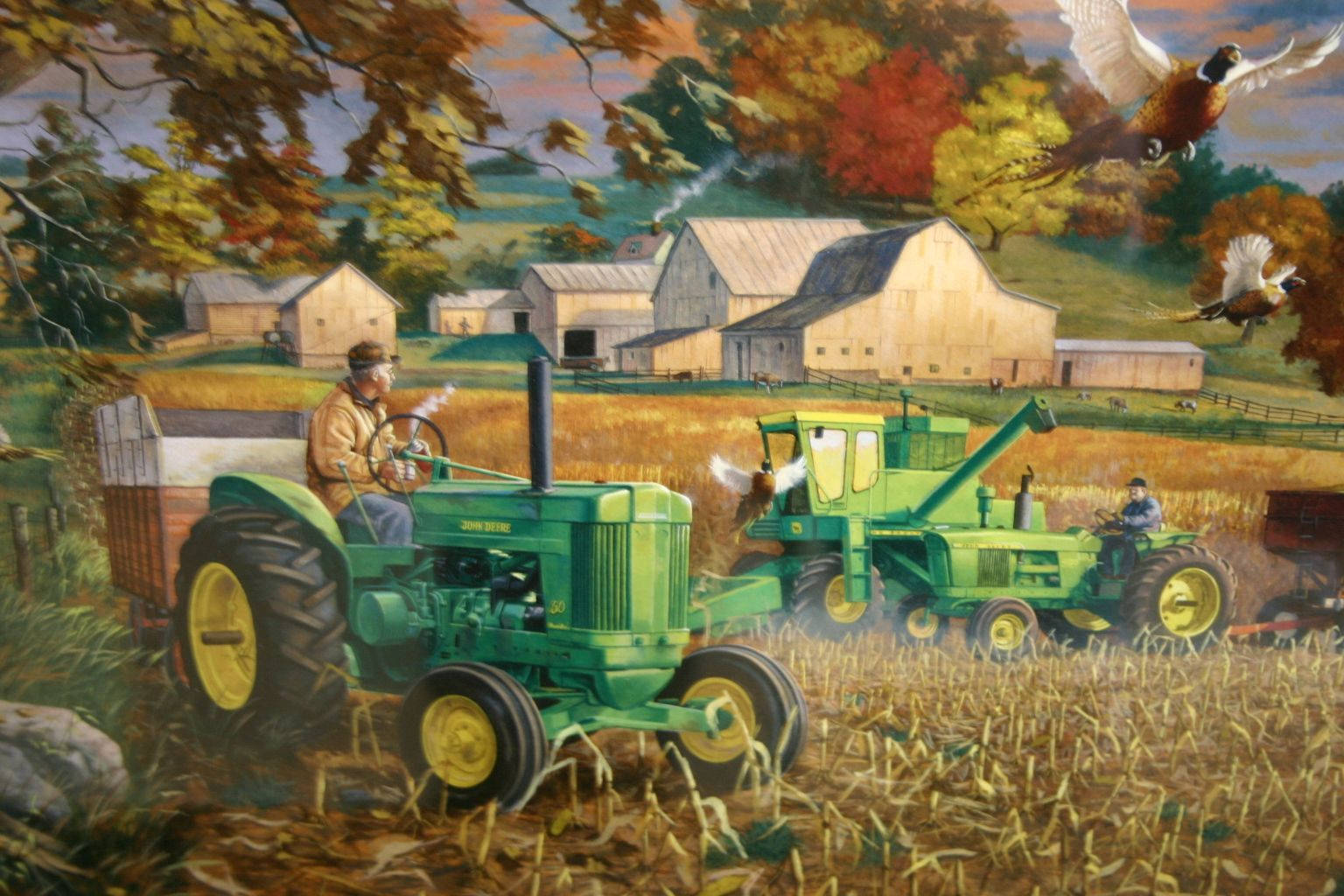 Fall Farm Green Tractors Painting Background