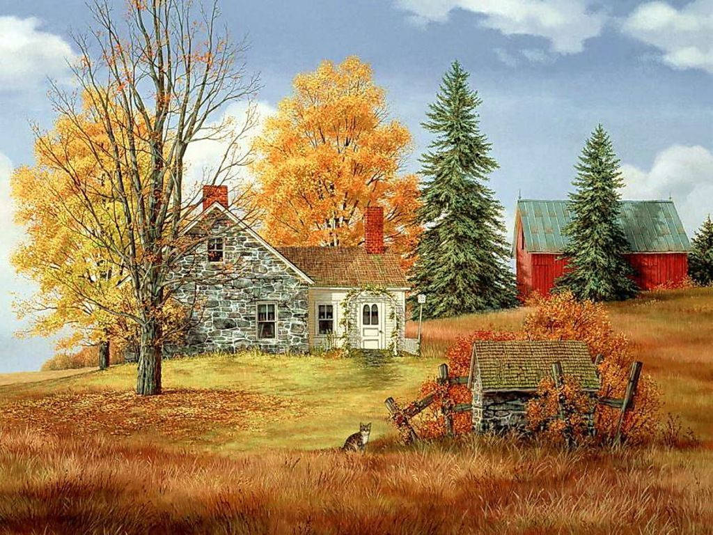 Fall Farm Painting Orange Grass Background