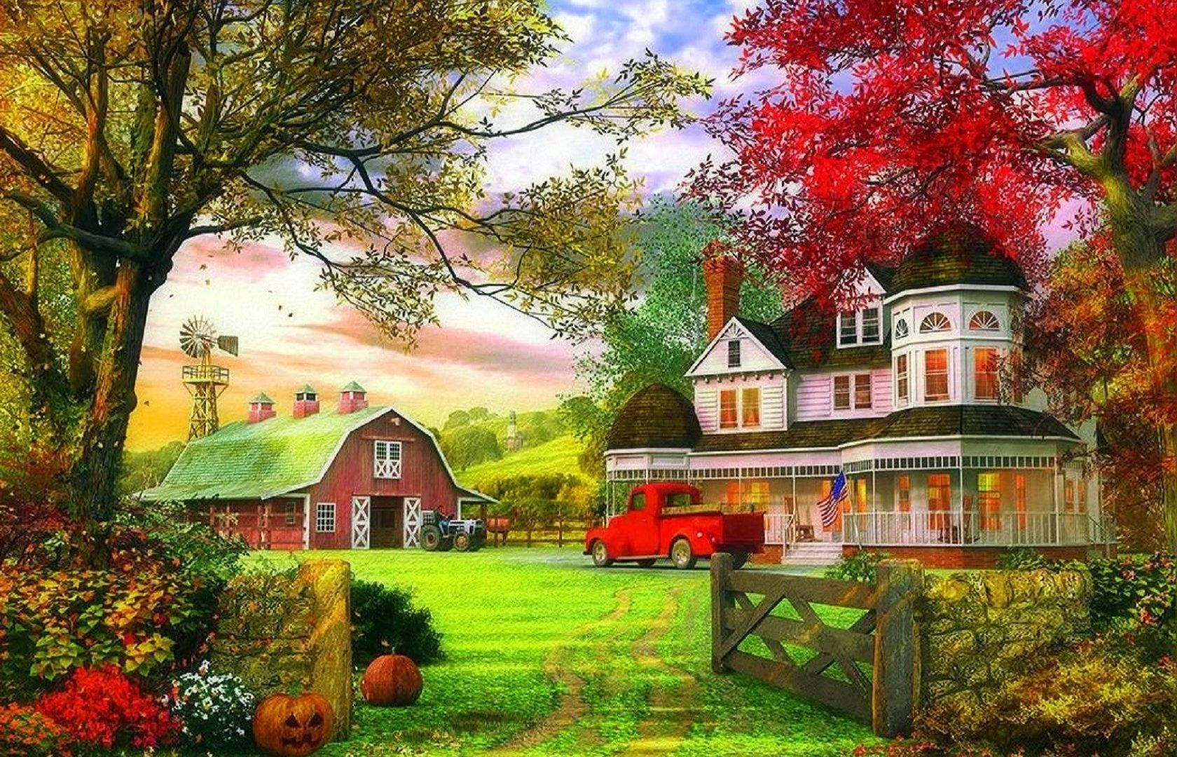 Fall Farm Painting Red Barn White House Background