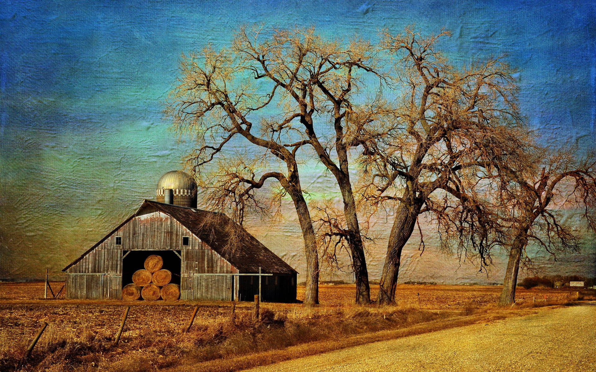 Fall Farm Painting Wooden Barn Background