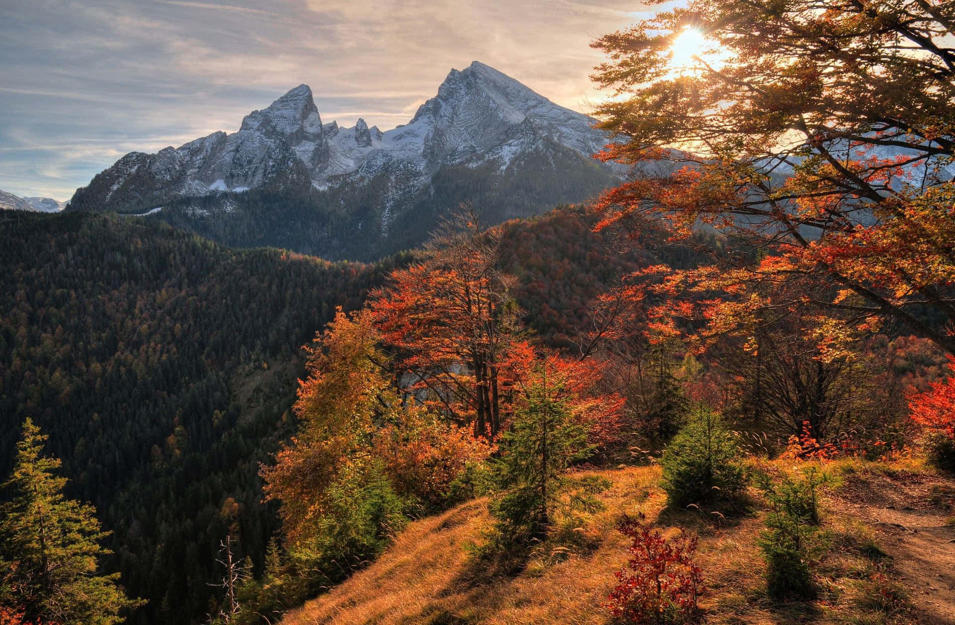 Fall Mountain Orange Sky Background