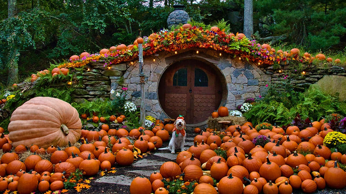 Fall Pumpkin Arrangement In A Rustic Setting Background