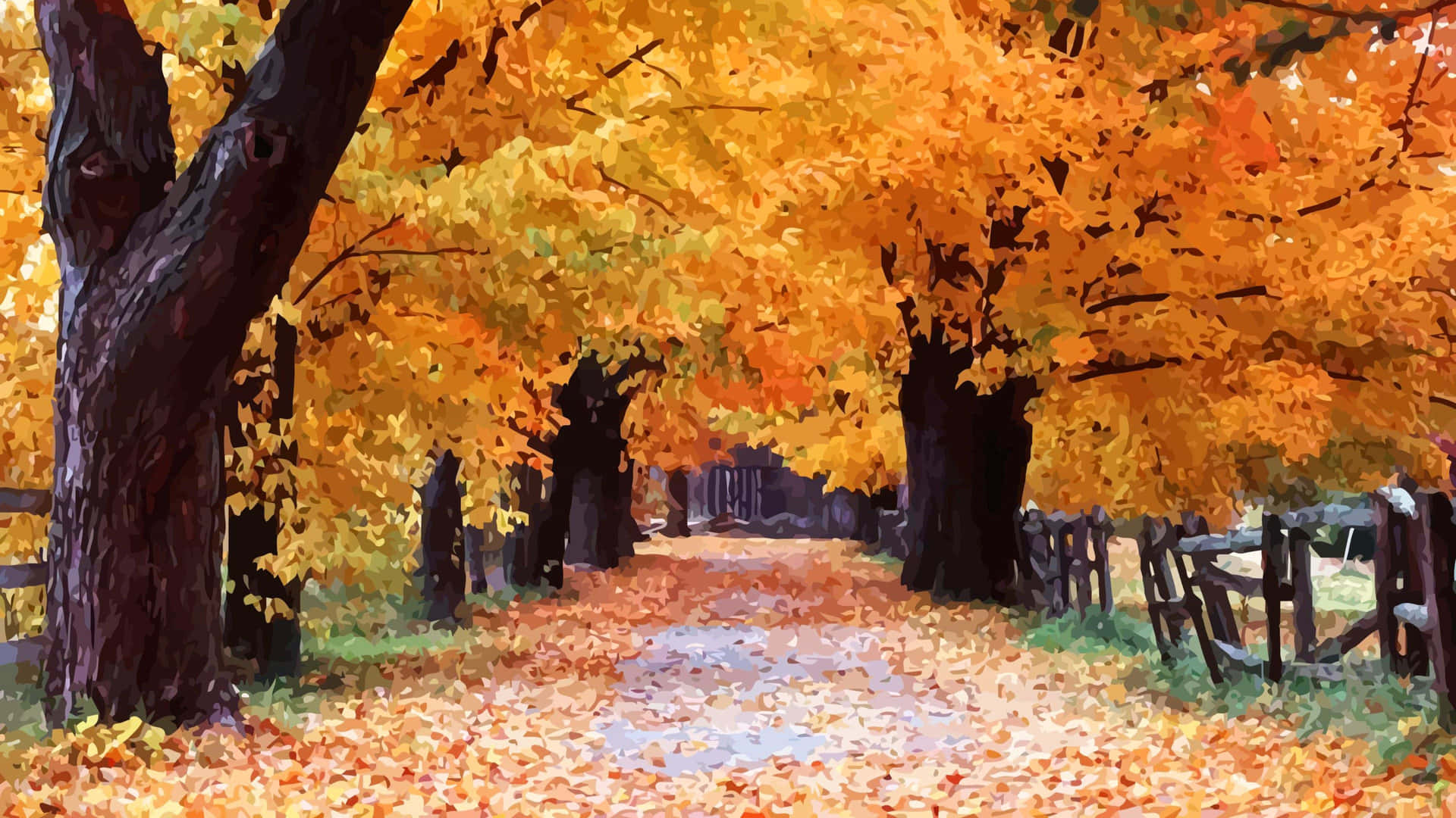 Fall Scenes Painting Pathway Leaves Background